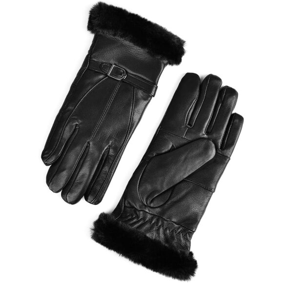 Harssidanzar Women's Black Winter Warm Lined With Fur Cuff Leather Gloves - Picture 2 of 5